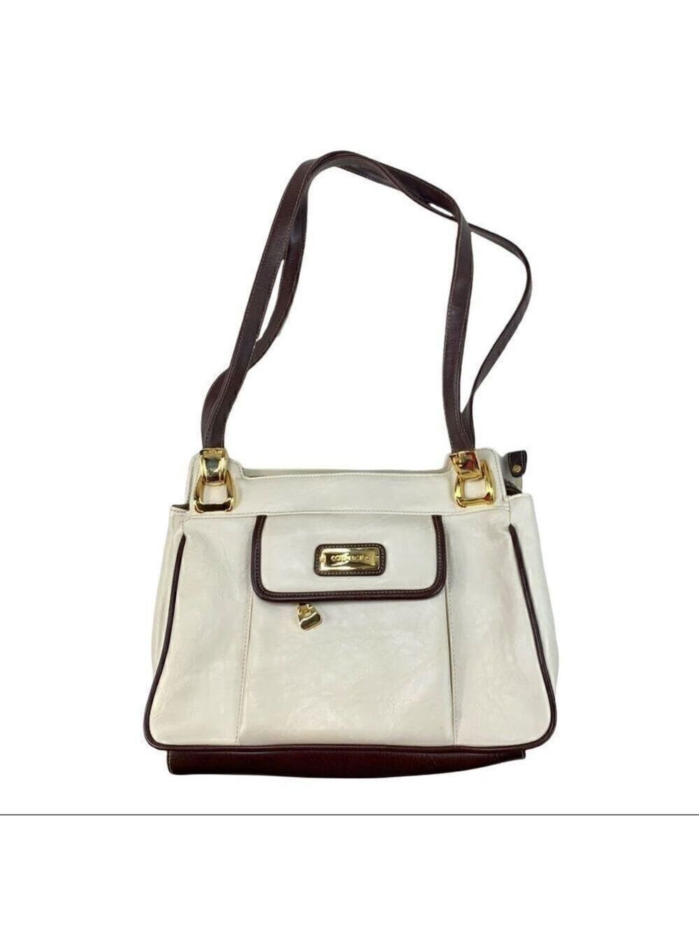 Vintage Capezio Cream Brown Trim Shoulder Bag Y2K Faux Leather